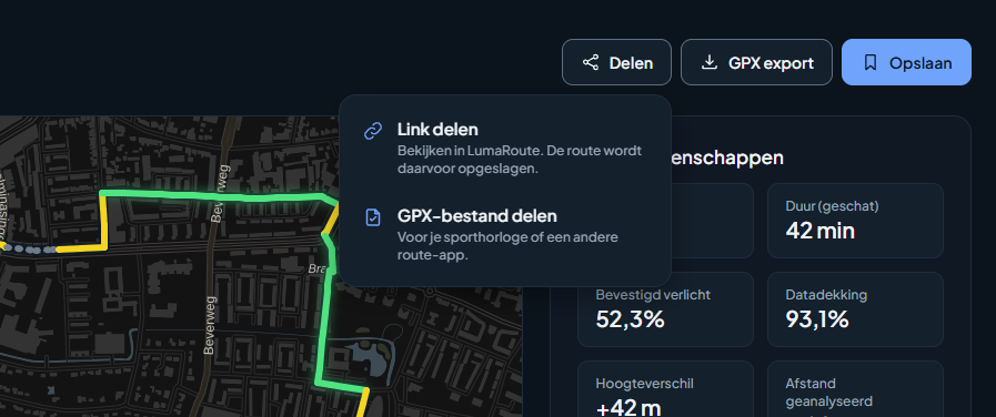 Het deelmenu met Link delen en GPX-bestand delen