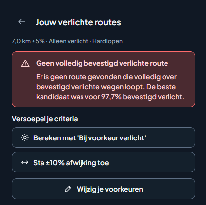 Melding dat er geen volledig verlichte route is, met voorstellen