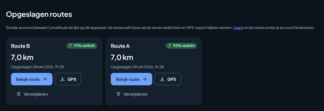 De lijst met opgeslagen routes