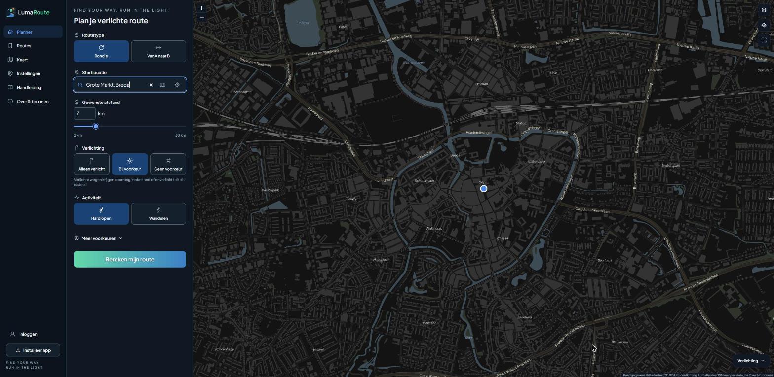 De planner met startlocatie, afstand en verlichtingsvoorkeur